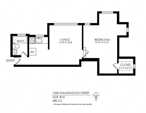 Floor plan for 1 bed, 1 bath, 485 sqft